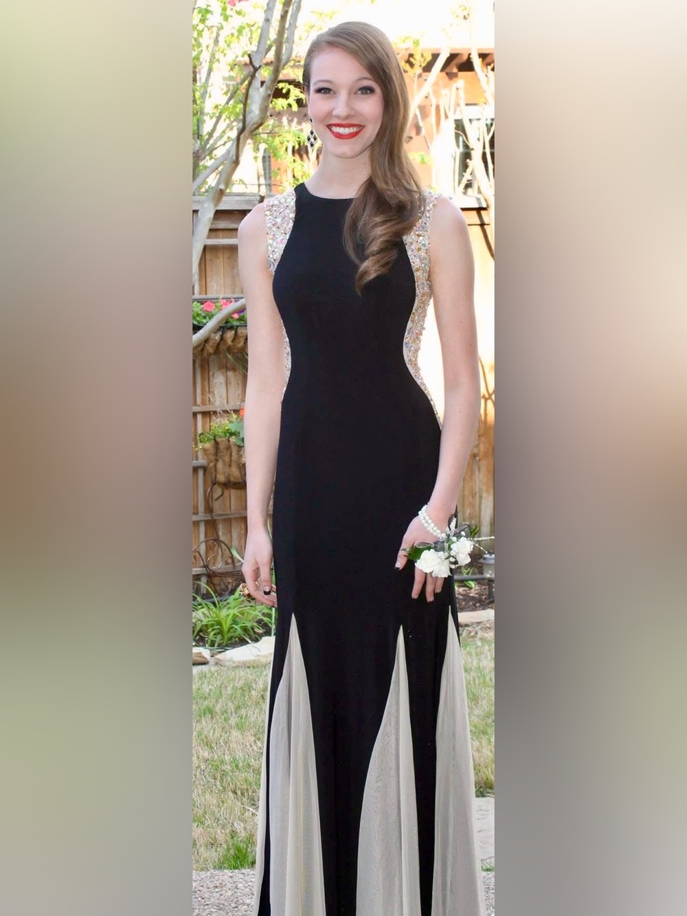 Black Prom Gown with Sparkling Side Embellishments and Cream Insets